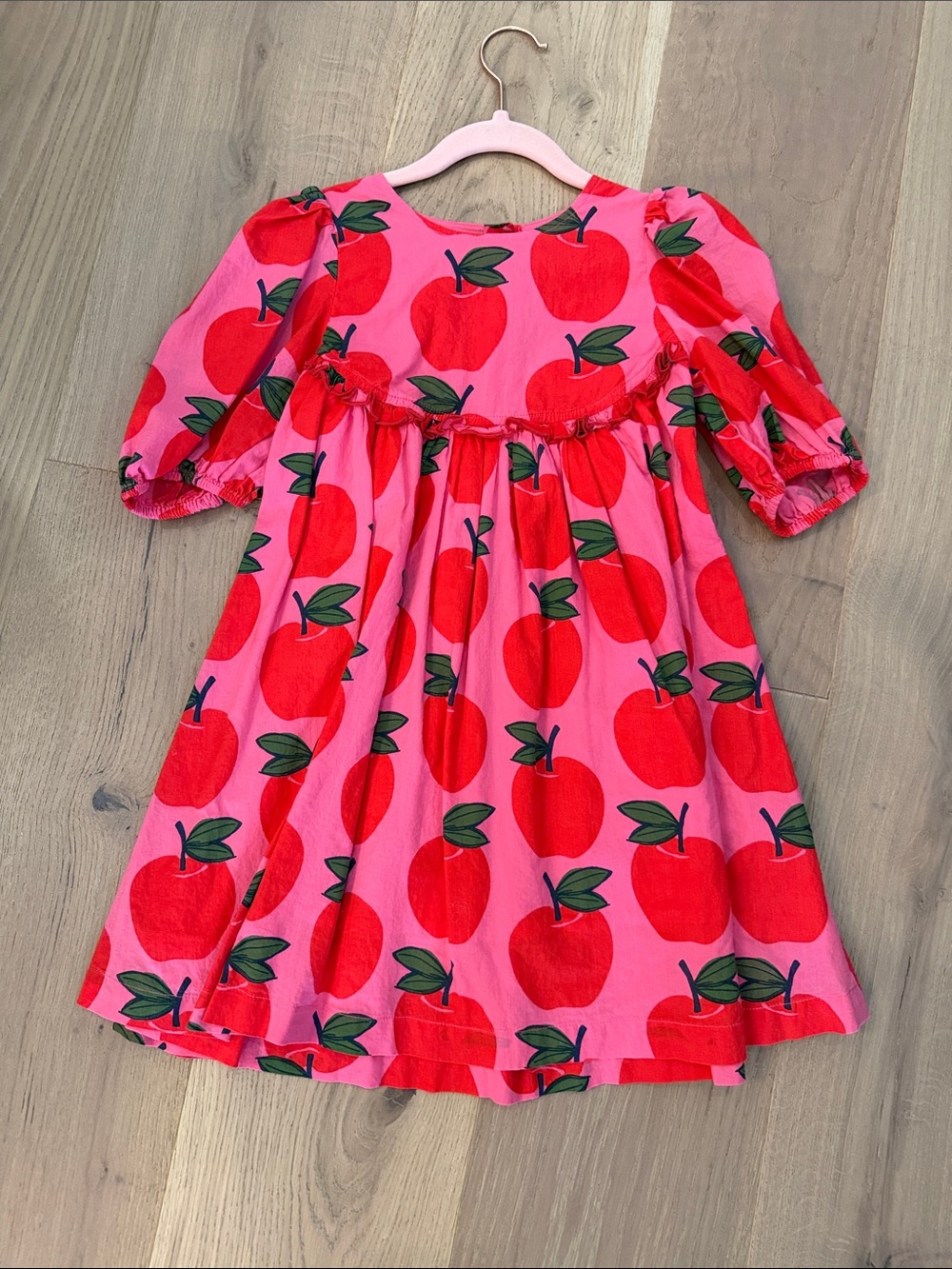 Pink Chicken Pink Dress with Red Apple Print